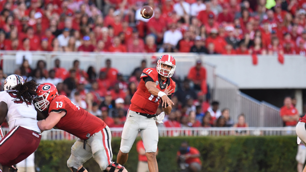 Sep 19, 2015; Athens, GA, USA; Georgia Bulldogs quarterback Greyson Lambert (11) passes against the South Carolina Gamecocks during the first half at Sanford Stadium. Georgia defeated South Carolina 52-20. Mandatory Credit: Dale Zanine-USA TODAY Sports