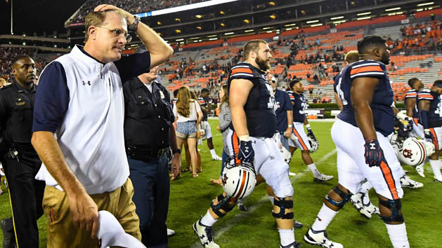 Sep 17, 2016; Auburn, AL, USA; Auburn Tigers head coach Gus Malzahn walks off the field with his team after the game against the Texas A&M Aggies at Jordan Hare Stadium. Texas A&M defeated Aubrn 29-16. Mandatory Credit: Shanna Lockwood-USA TODAY Sports