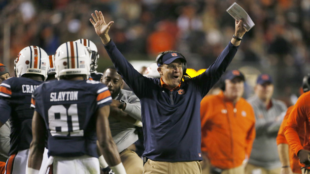 Nov 11, 2017; Auburn, AL, USA; Auburn Tigers head coach Gus Malzahn celebrates after a touchdown against the Georgia Bulldogs during the third quarter at Jordan-Hare Stadium. Photo Credit: John Reed-USA TODAY Sports
