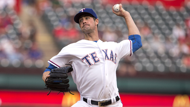 Apr 20, 2016; Arlington, TX, USA; Texas Rangers starting pitcher Cole Hamels (35) pitches against the Houston Astros during the first inning at Globe Life Park in Arlington. Mandatory Credit: Jerome Miron-USA TODAY Sports