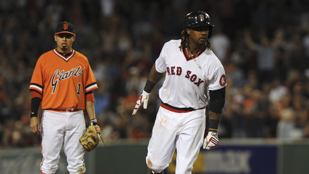 Jul 20, 2016; Boston, MA, USA; Boston Red Sox first baseman Hanley Ramirez (13) rounds the bases after hitting a two run home run during the sixth inning against the San Francisco Giants at Fenway Park. Photo Credit: Bob DeChiara-USA TODAY Sports