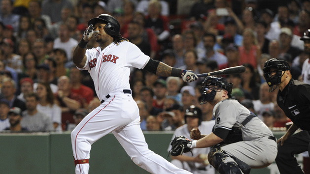 Sep 18, 2016; Boston, MA, USA; Boston Red Sox first baseman Hanley Ramirez (13) hits a three run home run during the fifth inning against the New York Yankees at Fenway Park. Photo Credit: Bob DeChiara-USA TODAY Sports