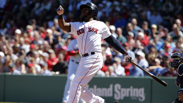Apr 21, 2016; Boston, MA, USA; Boston Red Sox first baseman Hanley Ramirez (13) gets a base hit to drive in a run against the Tampa Bay Rays in the first inning at Fenway Park. Mandatory Credit: David Butler II-USA TODAY Sports