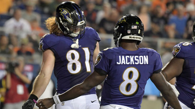 Aug 2, 2018; Canton, OH, USA; Baltimore Ravens tight end Hayden Hurst (81) and quarterback Lamar Jackson (8) celebrate after a touchdown in the third quarter against the Chicago Bears during the Hall of Fame Game at Tom Benson Hall of Fame Stadium. The Ravens defeated the Bears 17-16. Photo Credit: Kirby Lee-USA TODAY Sports