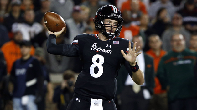 Oct 1, 2015; Cincinnati, OH, USA; Cincinnati Bearcats quarterback Hayden Moore (8) looks to pass in the first half against the Miami Hurricanes at Nippert Stadium. Mandatory Credit: Aaron Doster-USA TODAY Sports