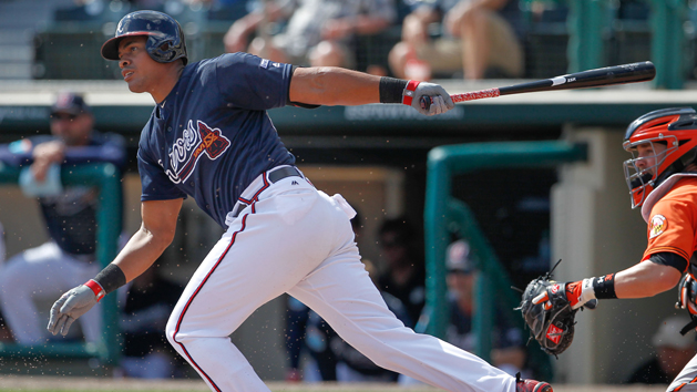 Mar 1, 2016; Lake Buena Vista, FL, USA; Atlanta Braves third baseman Hector Olivera (28) bats during the fourth inning of a spring training baseball game against the Baltimore Orioles at Champion Stadium. Mandatory Credit: Reinhold Matay-USA TODAY Sports