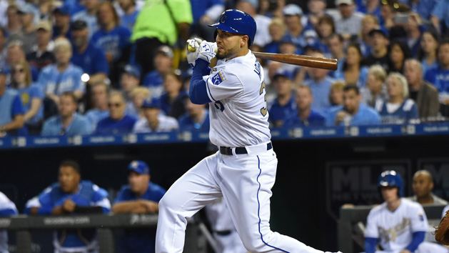Apr 3, 2016; Kansas City, MO, USA; Kansas City Royals first basemen Eric Hosmer (35) singles in a run against the New York Mets during the first inning at Kauffman Stadium. Mandatory Credit: Peter G. Aiken-USA TODAY Sports