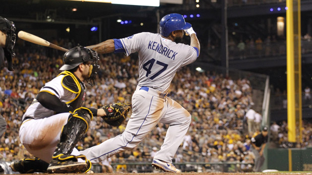 Aug 9, 2015; Pittsburgh, PA, USA; Los Angeles Dodgers second baseman Howie Kendrick (47) hits an infield single against the Pittsburgh Pirates during the fifth inning at PNC Park. Mandatory Credit: Charles LeClaire-USA TODAY Sports