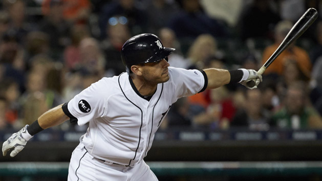 Apr 25, 2017; Detroit, MI, USA; Detroit Tigers second baseman Ian Kinsler (3) hits a two RBI single in the fifth inning against the Seattle Mariners at Comerica Park. Photo Credit: Rick Osentoski-USA TODAY Sports