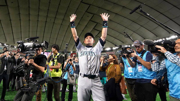 Mar 21, 2019; Tokyo,JPN; Seattle Mariners right fielder Ichiro Suzuki (51) waves to fans after the game against the Oakland Athletics at Tokyo Dome. Photo Credit: Darren Yamashita-USA TODAY Sports