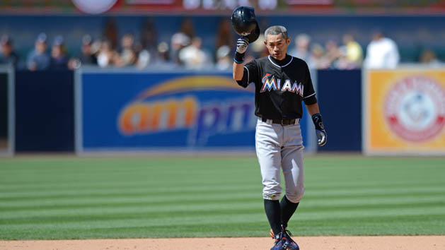 Jun 15, 2016; San Diego, CA, USA; Miami Marlins center fielder Ichiro Suzuki (51) tips his helmet after hitting his 4257th professional hit with a double against the San Diego Padres during the ninth inning at Petco Park. Photo Credit: Jake Roth-USA TODAY Sports