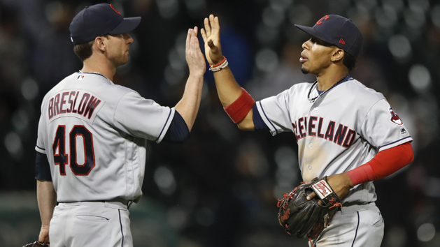 Sep 7, 2017; Chicago, IL, USA; Cleveland Indians relief pitcher Craig Breslow (40) celebrates with shortstop Francisco Lindor (12) after defeating the Chicago White Sox at Guaranteed Rate Field. Photo Credit: Kamil Krzaczynski-USA TODAY Sports