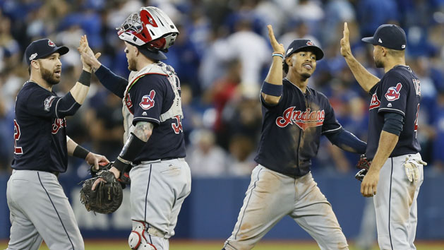 Oct 17, 2016; Toronto, Ontario, CAN; Cleveland Indians second baseman Jason Kipnis (far left), catcher Roberto Perez (second from left), shortstop Francisco Lindor (second from right), and left fielder Coco Crisp (far right) celebrate after game three of the 2016 ALCS playoff baseball series against the Toronto Blue Jays at Rogers Centre. Photo Credit: John E. Sokolowski-USA TODAY Sports