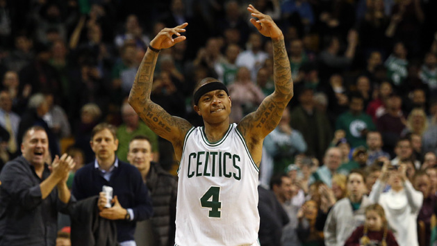 Feb 1, 2017; Boston, MA, USA; Boston Celtics guard Isaiah Thomas (4) celebrates during the fourth quarter against the Toronto Raptors at TD Garden. Photo Credit: Winslow Townson-USA TODAY Sports