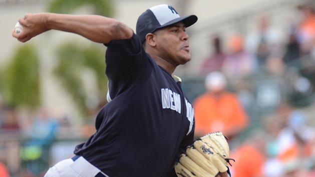 Mar 25, 2016; Sarasota, FL, USA; New York Yankees pitcher Ivan Nova (47) pitches in the first inning of the spring training game against the Baltimore Orioles at Ed Smith Stadium. Mandatory Credit: Jonathan Dyer-USA TODAY Sports