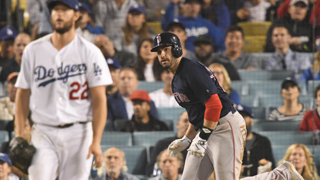 Oct 28, 2018; Los Angeles, CA, USA; Boston Red Sox outfielder J.D. Martinez (right) watches his solo home run off of Los Angeles Dodgers pitcher Clayton Kershaw (22) in the seventh inning in game five of the 2018 World Series at Dodger Stadium. Photo Credit: Robert Hanashiro-USA TODAY Sports