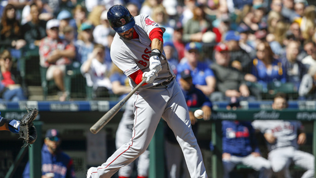 Mar 31, 2019; Seattle, WA, USA; Boston Red Sox left fielder J.D. Martinez (28) hits an RBI single against the Seattle Mariners during the first inning at T-Mobile Park. Photo Credit: Jennifer Buchanan-USA TODAY Sports