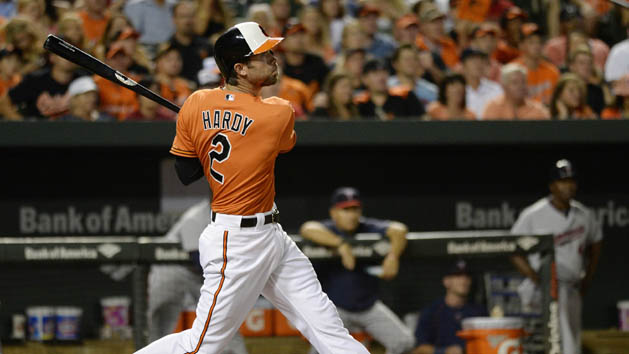 J.J. Hardy (2) hits a sacrifice fly scoring first baseman Chris Davis (not pictured) during the sixth inning against the Minnesota Twins at Oriole Park at Camden Yards. Tommy Gilligan-USA TODAY Sports