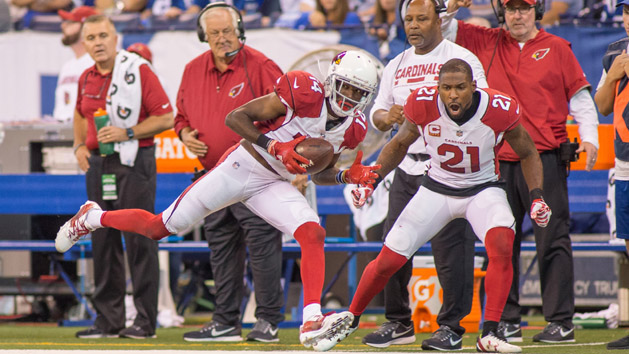 Sep 17, 2017; Indianapolis, IN, USA; Arizona Cardinals wide receiver J.J. Nelson (14) catches the ball in the second half of the game against the Indianapolis Colts at Lucas Oil Stadium. Photo Credit: Trevor Ruszkowski-USA TODAY Sports