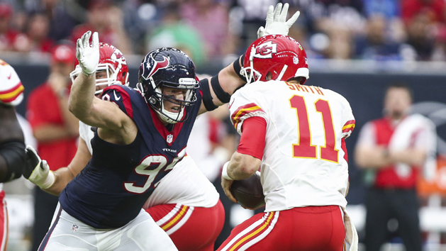 Sep 18, 2016; Houston, TX, USA; Houston Texans defensive end J.J. Watt (99) sacks Kansas City Chiefs quarterback Alex Smith (11) during the first quarter at NRG Stadium. Photo Credit: Troy Taormina-USA TODAY Sports