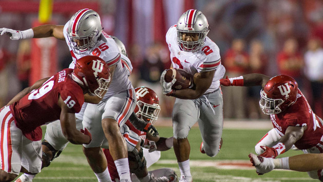 Aug 31, 2017; Bloomington, IN, USA; Ohio State Buckeyes running back J.K. Dobbins (2) rushes the ball in the second quarter of the game against the Indiana Hoosiers at Memorial Stadium. Photo Credit: Trevor Ruszkowski-USA TODAY Sports