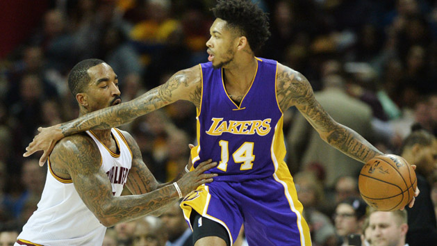 Dec 17, 2016; Cleveland, OH, USA; Cleveland Cavaliers guard J.R. Smith (5) guards Los Angeles Lakers forward Brandon Ingram (14) during the second half at Quicken Loans Arena. The Cavs won 119-108. Photo Credit: Ken Blaze-USA TODAY Sports