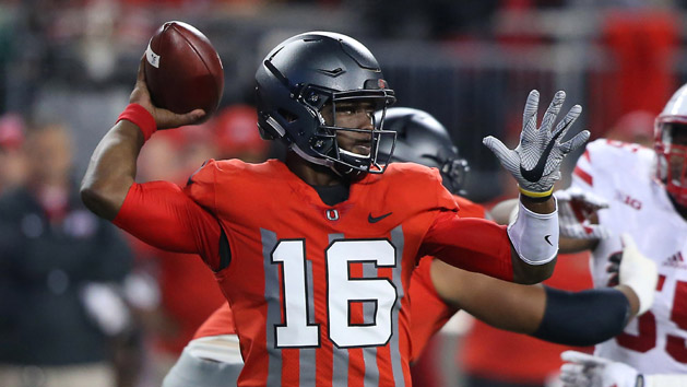 Nov 5, 2016; Columbus, OH, USA; Ohio State Buckeyes quarterback J.T. Barrett (16) drops back to throw during the first quarter against the Nebraska Cornhuskers at Ohio Stadium. Photo Credit: Joe Maiorana-USA TODAY Sports