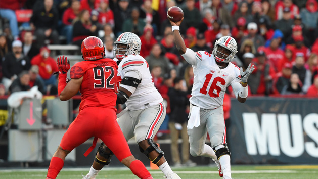 Nov 12, 2016; College Park, MD, USA; Ohio State Buckeyes quarterback J.T. Barrett (16) throws during the second quarter against the Maryland Terrapins at Capital One Field at Maryland Stadium. Photo Credit: Tommy Gilligan-USA TODAY Sports