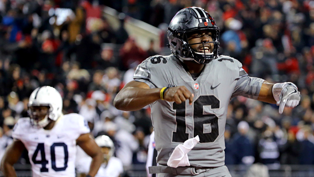 Oct 28, 2017; Columbus, OH, USA; Ohio State Buckeyes quarterback J.T. Barrett (16) reacts to throwing the go ahead touchdown pass against the Penn State Nittany Lions in the second half at Ohio Stadium. Photo Credit: Aaron Doster-USA TODAY Sports