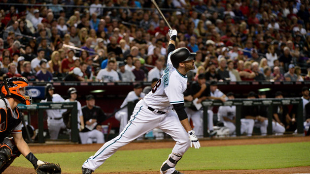 Sep 26, 2017; Phoenix, AZ, USA; Arizona Diamondbacks right fielder J.D. Martinez (28) hits a grand slam home run against the San Francisco Giants in the second inning at Chase Field. Photo Credit: Matt Kartozian-USA TODAY Sports