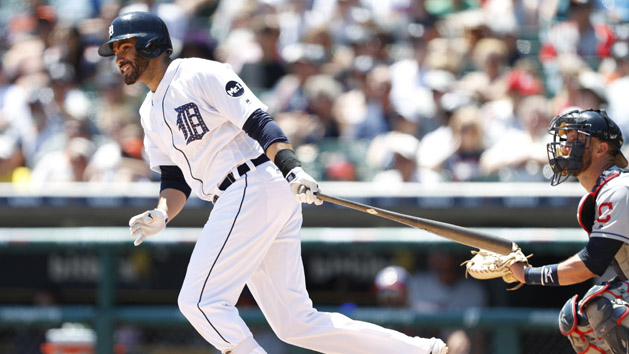 Jul 2, 2017; Detroit, MI, USA; Detroit Tigers right fielder J.D. Martinez (28) hits a double during the third inning against the Cleveland Indians at Comerica Park. Photo Credit: Raj Mehta-USA TODAY Sports