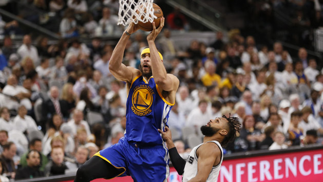 May 20, 2017; San Antonio, TX, USA; Golden State Warriors center JaVale McGee (1) drives to the basket as San Antonio Spurs point guard Patty Mills (8) defends during the second half in game three of the Western conference finals of the NBA Playoffs at AT&T Center. Photo Credit: Soobum Im-USA TODAY Sports