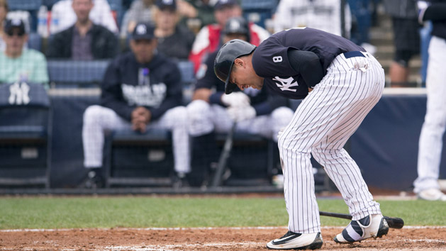 Mar 19, 2016; Tampa, FL, USA; New York Yankees center fielder Jacoby Ellsbury (22) reacts after being hit by a pitch during the fifth inning against the Atlanta Braves at George M. Steinbrenner Field. Ellsbury left the game with a hand injury. Mandatory Credit: Jerome Miron-USA TODAY Sports