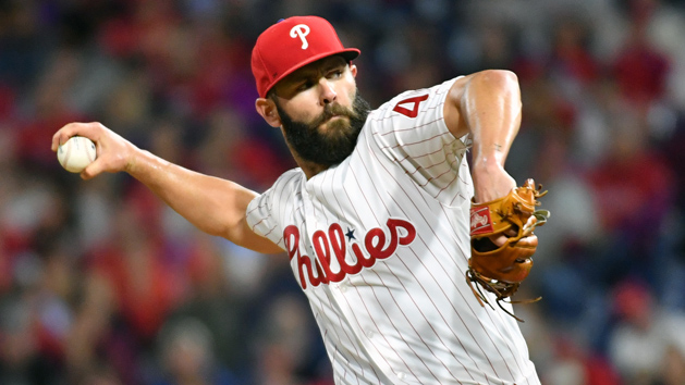 May 15, 2019; Philadelphia, PA, USA; Philadelphia Phillies starting pitcher Jake Arrieta (49) throws a pitch during the fifth inning against the Milwaukee Brewers at Citizens Bank Park. Photo Credit: Eric Hartline-USA TODAY Sports
