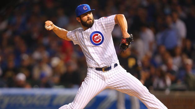 Sep 27, 2015; Chicago, IL, USA; Chicago Cubs starting pitcher Jake Arrieta (49) delivers a pitch during the first inning against the Pittsburgh Pirates at Wrigley Field. Mandatory Credit: Dennis Wierzbicki-USA TODAY Sports