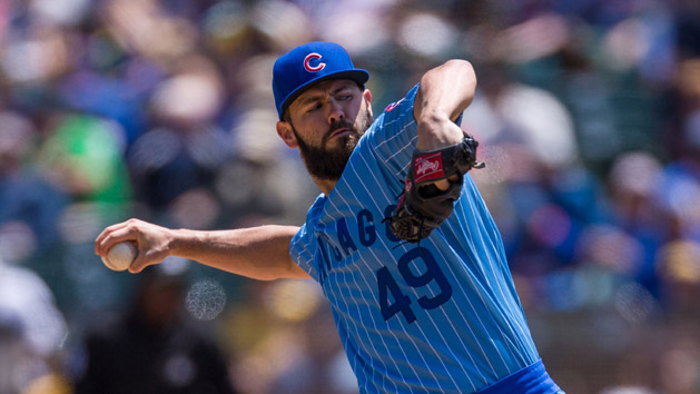 Aug 6, 2016; Oakland, CA, USA; Chicago Cubs starting pitcher Jake Arrieta (49) pitches against the Oakland Athletics in the first inning at O.co Coliseum. Photo Credit: John Hefti-USA TODAY
