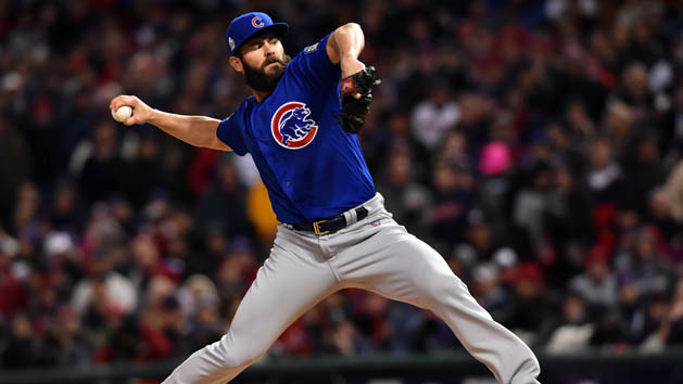 Oct 26, 2016; Cleveland, OH, USA; Chicago Cubs starting pitcher Jake Arrieta throws a pitch against the Cleveland Indians in the first inning in game two of the 2016 World Series at Progressive Field. Photo Credit: Ken Blaze-USA TODAY Sports