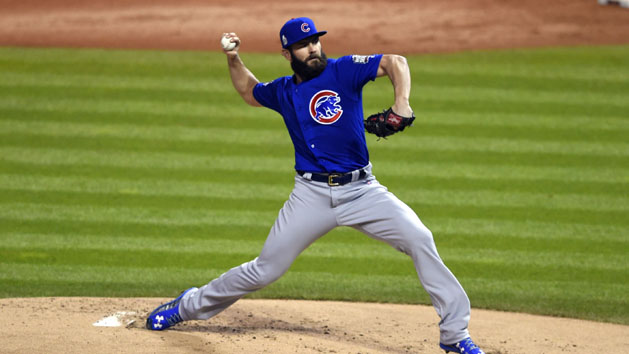 Oct 26, 2016; Cleveland, OH, USA; Chicago Cubs starting pitcher Jake Arrieta throws a pitch against the Cleveland Indians in the first inning in game two of the 2016 World Series at Progressive Field. Photo Credit: Tommy Gilligan-USA TODAY Sports