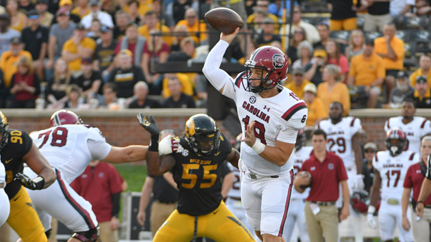 Sep 9, 2017; Columbia, MO, USA; South Carolina Gamecocks quarterback Jake Bentley (19) throws a pass during the first half against the Missouri Tigers at Faurot Field. Mandatory Credit: Denny Medley-USA TODAY Sports