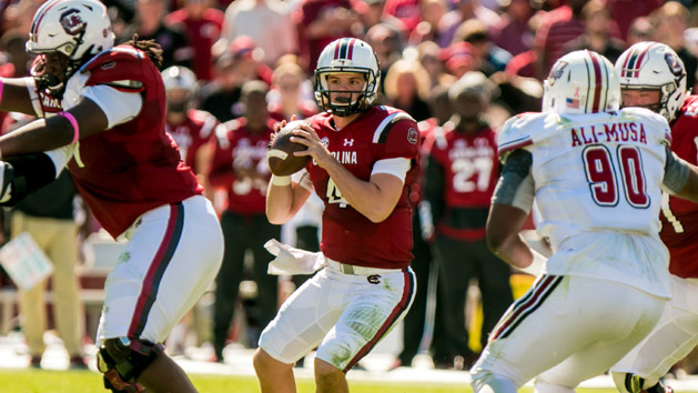 Oct 22, 2016; Columbia, SC, USA; South Carolina Gamecocks quarterback Jake Bentley (4) looks to pass against the Massachusetts Minutemen in the second quarter at Williams-Brice Stadium. Photo Credit: Jeff Blake-USA TODAY Sports