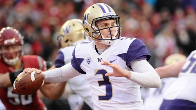 Nov 25, 2016; Pullman, WA, USA; Washington Huskies quarterback Jake Browning (3) throws a pass against the Washington State Cougars during the second half at Martin Stadium. The Huskies won 45-17. Photo Credit: James Snook-USA TODAY Sports