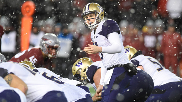 Nov 23, 2018; Pullman, WA, USA; Washington Huskies quarterback Jake Browning (3) goes under center during a football game against the Washington State Cougars during the first half at Martin Stadium. Photo Credit: James Snook-USA TODAY Sports