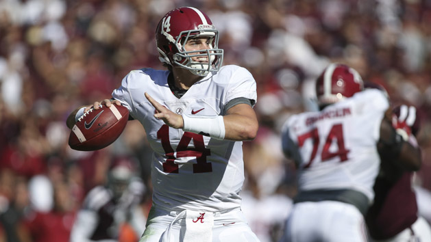 Oct 17, 2015; College Station, TX, USA; Alabama Crimson Tide quarterback Jake Coker (14) attempts a pass during the first quarter against the Texas A&M Aggies at Kyle Field. Mandatory Credit: Troy Taormina-USA TODAY Sports