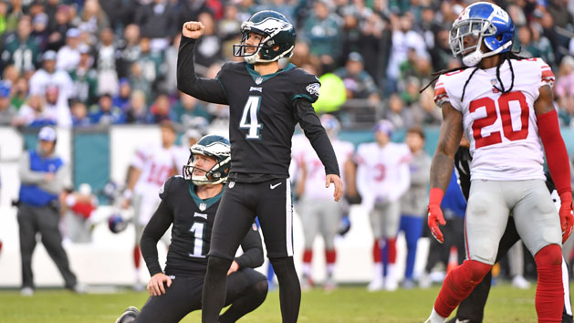 Nov 25, 2018; Philadelphia, PA, USA; Philadelphia Eagles kicker Jake Elliott (4) reacts after 43-yard field goal late in the fourth quarter against the New York Giants at Lincoln Financial Field. Photo Credit: Eric Hartline-USA TODAY Sports
