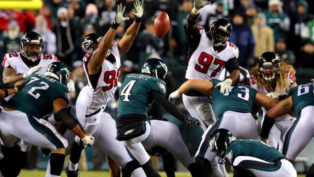 Jan 13, 2018; Philadelphia, PA, USA; Philadelphia Eagles kicker Jake Elliott (4) kicks a field goal at the end of the first half against the Atlanta Falcons in the NFC Divisional playoff game at Lincoln Financial Field. Photo Credit: Brad Penner-USA TODAY Sports