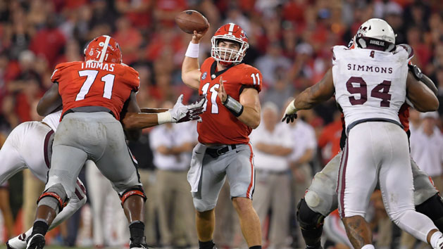 Sep 23, 2017; Athens, GA, USA; Georgia Bulldogs quarterback Jake Fromm (11) passes against the Mississippi State Bulldogs during the second half at Sanford Stadium. Photo Credit: Dale Zanine-USA TODAY Sports