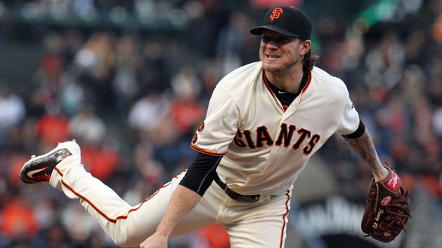 May 9, 2016; San Francisco, CA, USA; San Francisco Giants starting pitcher Jake Peavy (22) throws to the Toronto Blue Jays in the first inning of their MLB baseball game at AT&T Park. Photo Credit: Lance Iversen-USA TODAY Sports