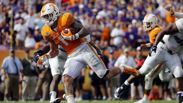 Jan 1, 2016; Tampa, FL, USA; Tennessee Volunteers running back Jalen Hurd (1) runs the ball in for a touchdown against the Northwestern Wildcats during the second half in the 2016 Outback Bowl at Raymond James Stadium. Tennessee Volunteers defeated the Northwestern Wildcats 45-6. Photo Credit: Kim Klement-USA TODAY Sports