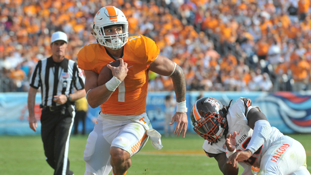 Sep 5, 2015; Nashville, TN, USA; Tennessee Volunteers running back Jalen Hurd (1) rushes for a touchdown against the Bowling Green Falcons during the first half at Nissan Stadium. Mandatory Credit: Jim Brown-USA TODAY Sports