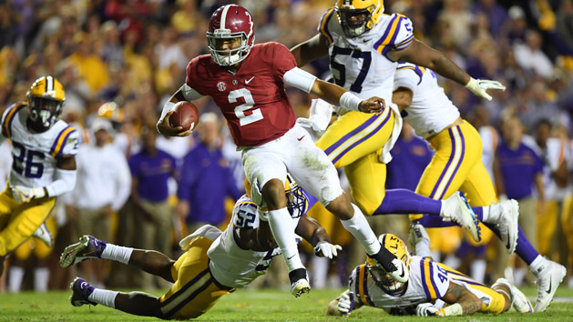Nov 5, 2016; Baton Rouge, LA, USA; Alabama Crimson Tide quarterback Jalen Hurts (2) carries for a 21 yard touchdown against the LSU Tigers during the fourth quarter at Tiger Stadium. Photo Credit: John David Mercer-USA TODAY Sports